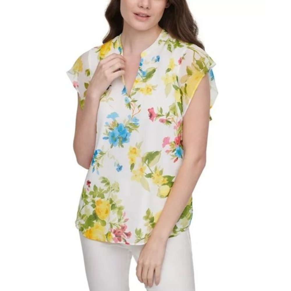 CALVIN KLEIN Printed V-Neck Blouse with Ruffle Sleeves - XS